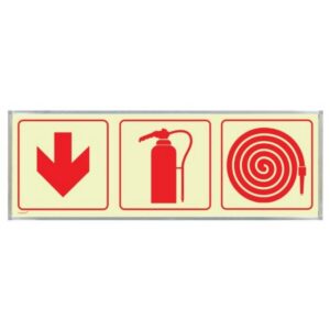 Photoluminescent Sign Frame - Fire Extinguisher, Hose, Red Arrow Down - 570 x 190mm - SIGNP3FEHA(D1)