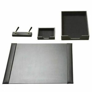 Executive Leather Desk Set - Letter Tray, Desk Pad, Double Pen Stand - Memo Pad Tray - Black - LEA651BL
