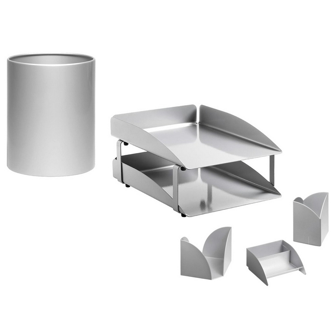Desk Set - Modern Steel Range - Metal - Letter Tray - Waste Bin - Business Card Holder - Pencil Cube and Cup - Silver - 410SI