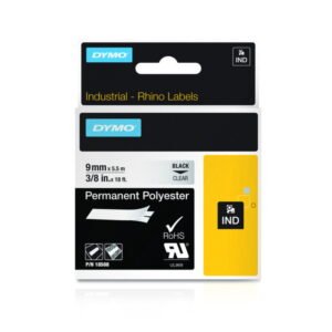 Dymo Original Ind. Tape for Rhino (9mm x 5.5m, Permanent, Polyester, Black on Clear)