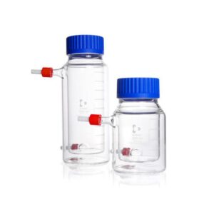 DWK Duran Wide-Mouth Glass Bottle 500 mL, Double-Walled, GLS 80, with Screw Cap and Pouring Ring PP Blue​