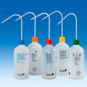 VITLAB Safety Washing Bottle 500 ml, Narrow Neck, PE-LD, GL 25, Tetrahydrofuran (THF) with VENT CAP Screw Connection