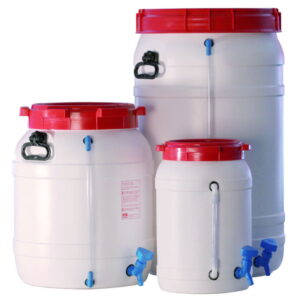 Behr Wide-Neck Barrel WF110H, 110 L, White PVC with Level Indicator, Plug, and Lid