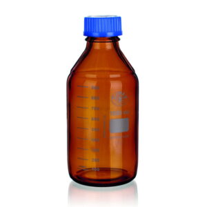 Bohemia Cristal Laboratory Thread Bottle, 500ml with Blue Cap and Effuse Ring, GL-45, Brown Coated, ISO 4796-1, Borosilicate Glass 3.3