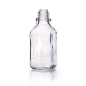 DWK Duran Square Screw Cap Bottle, Narrow Neck, Soda Lime Glass, Clear, Without Dust Proof Cap, 250 mL