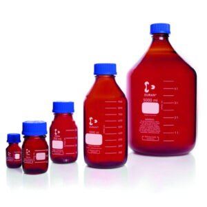DWK Duran Laboratory Bottle, 500 mL, Amber Glass, GL45, with Cap and Pouring Ring