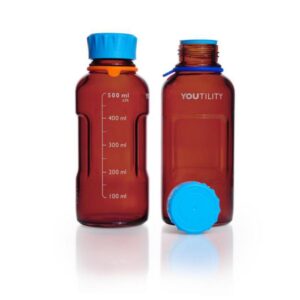 DWK Duran YOUTILITY Bottle 500 ml Amber, Graduated, GL 45, with Screw-Cap and Pouring Ring (PP), Pack of 4