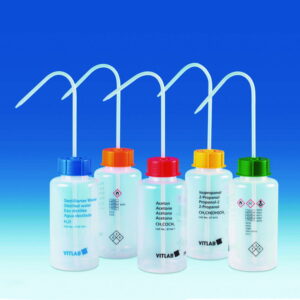 VITLAB Safety Washing Bottle 500 ml Wide Neck PE-LD GL 45 Methanol with Vent Cap Screw Connection