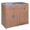 Kitchen sink unit with wooden cabinet and tap